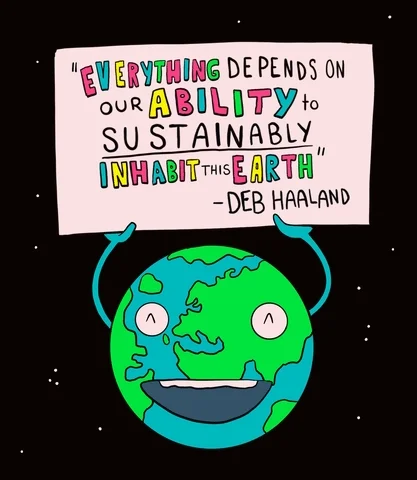 An cartoon Earth holds up a sign with a quote: 'Everything depends on our ability to sustainably inhabit the Earth.'