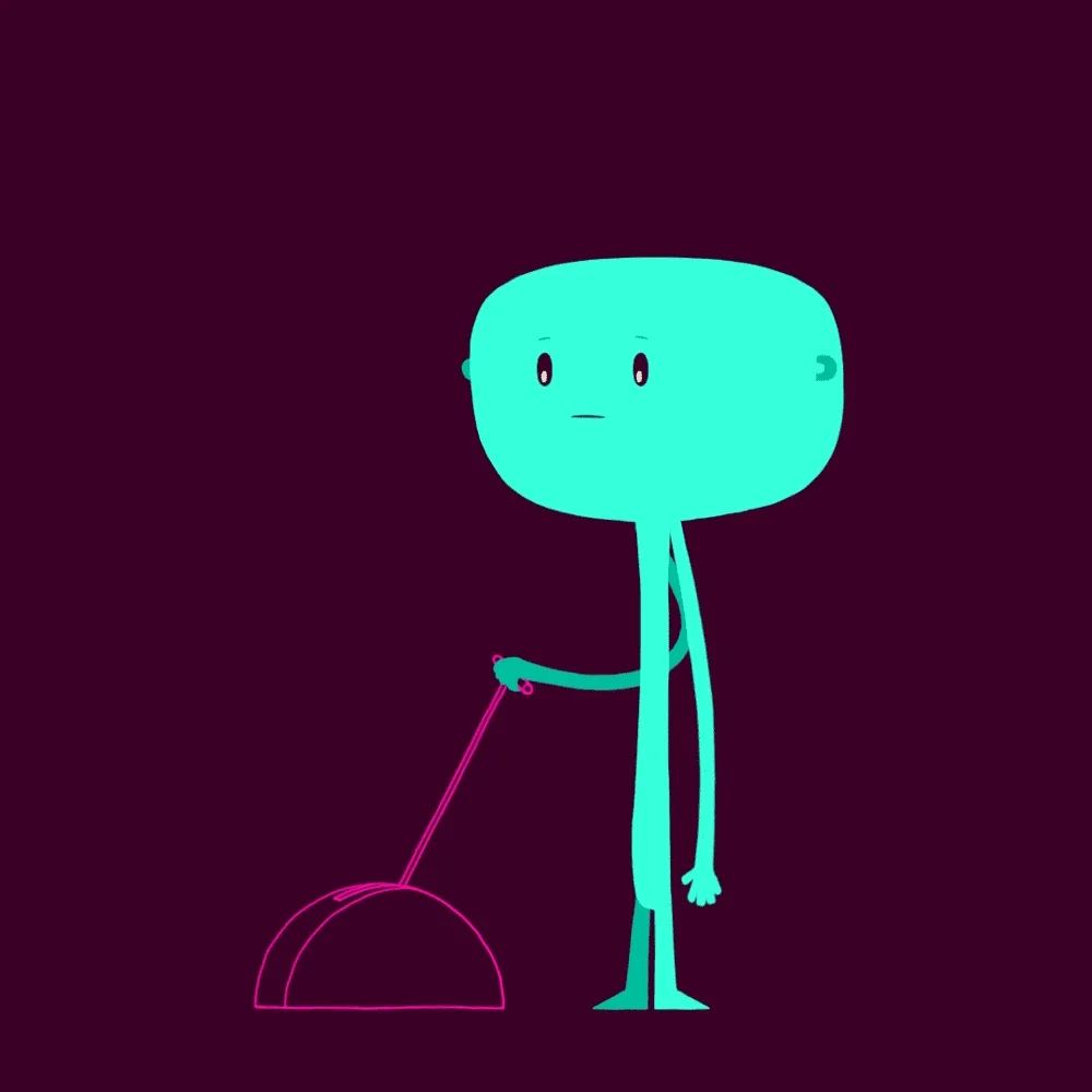 A blue cartoon person pushes a lever. The person begins to float in the air.