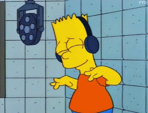 Bart Simpson cartoon air playing the keyboard while listening to music.