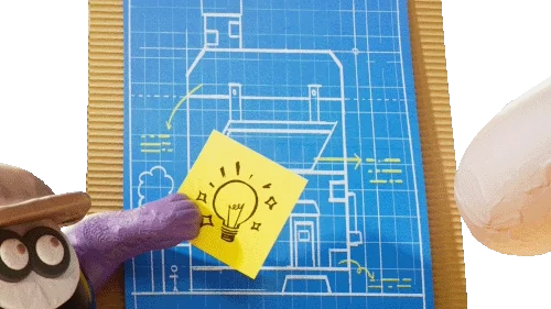 A cartoon penguin placing sticky notes on a blueprint document, with the help of a giant human hand.