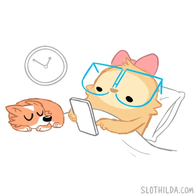 An animal scrolling on phone at night in bed as time goes by.