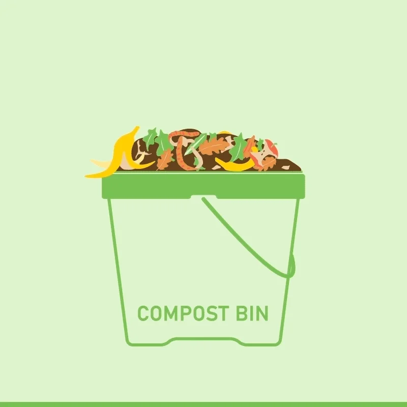 A compost bin with a dancing worm. The text reads: