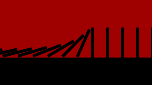 Gif of black dominoes falling with red background.