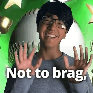 A person saying, "Not to brag," while smiling in front of a rotating baseball and a trophy.