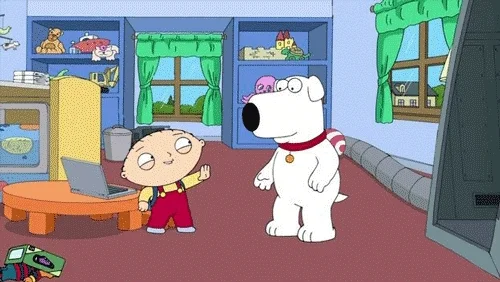 Stewie and Brian in a play room jumping up and slapping five.