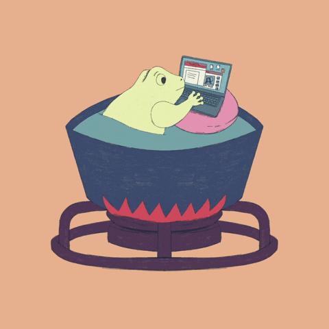 An animation of a frog in a pot of boiling water. The frog types on a laptop resting on a floating pillow.