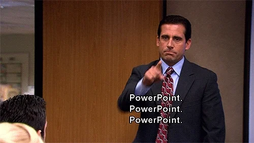 Michael Scott pointing with the word 'powerpoint' repeated 3 times.