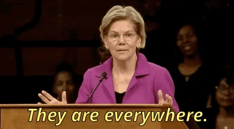 Eizabeth Warren waves her arms around and says, "They are everywhere."
