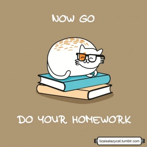 A cat sitting on some books. The text reads: 