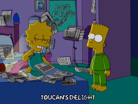 Lisa Simpson is writing in the answer for the clue 'Toucan's Delight'