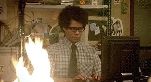 A person looks at a fire in a room then types on a computer.
