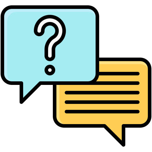 Icon: Speech bubble with a question mark overlapping another speech bubble with lines inside