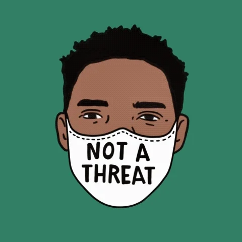 Animated changing faces of dark-skinned males wearing mask that says Not a threat