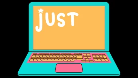 An animation of a laptop screen. The text reads, 