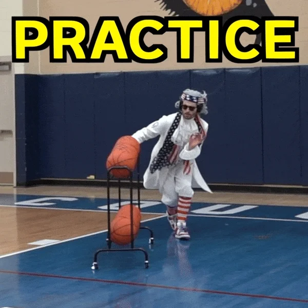 A man dressed in patriotic US attire rolls a rack of basketballs onto a basketball court. The text reads: 'Practice'.