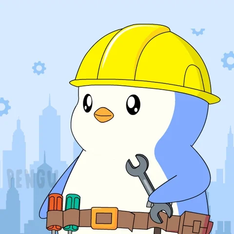 A cartoon penguin wearing a hard hat and a tool belt, smiling and giving a thumbs up.