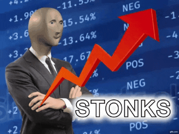 A 'stonks' meme showing an animated businessman in front of a stock ticker and a line going up