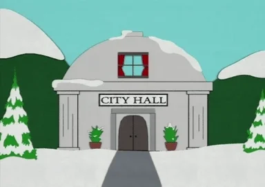 A cartoon drawing of a building on a snowy day with the phrase 