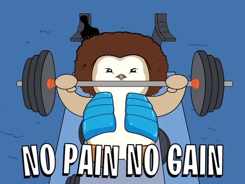 A penguin with puffy brown hair and a blue vest lifting a barbell. The caption reads 'No Pain No Gain.'