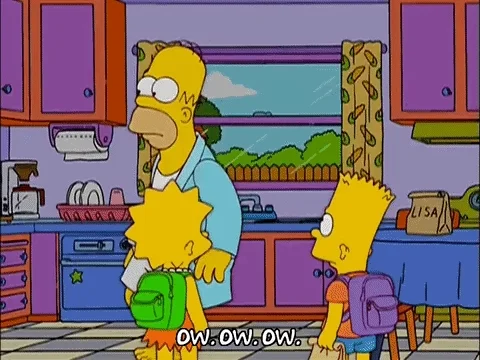 Homer Simpson walking in his kitchen. His feet hurt. As he steps, he cries in pain.