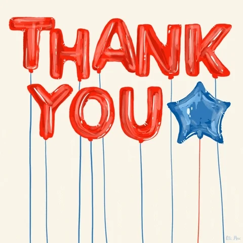 Red balloons with blue strings spelling out - THANK YOU with a blue star balloon next to the 