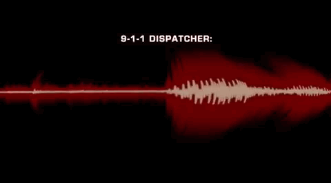 A transcript of a 911 call. A sound wave appears as a dispatcher and caller discuss an emergency.