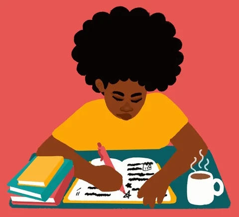 An animation depicting a student writing at a desk.
