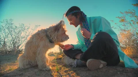 A dog bonding with its owner in a park.
