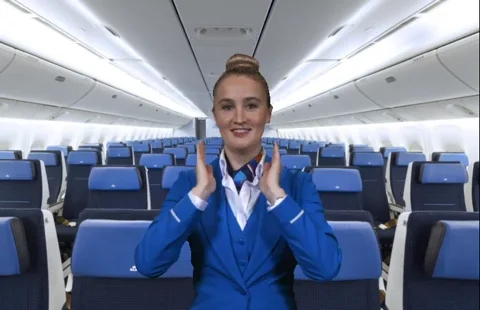 A flight attendant gestures to the emergency exits on an airplane.