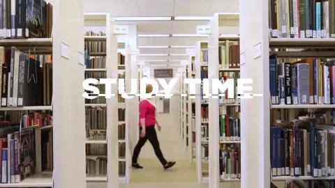 Shot going down a library hall with text that says, 'Study time.'