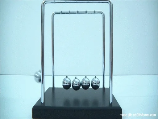 Newton's Cradle. Five balls on strings in a row hit each other repeatedly. 