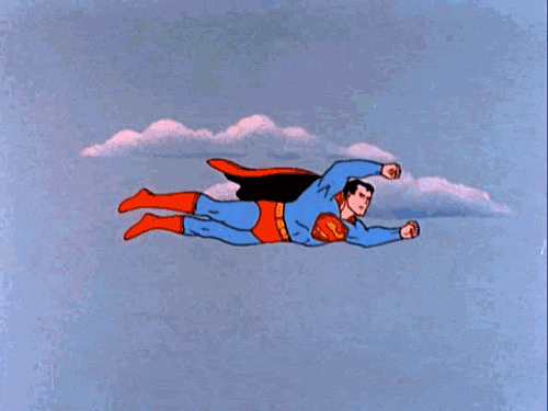 Superman character flying through the sky.