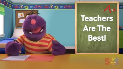Purple puppet wearing a stripped shirt speaks while overlaid text reads 'teachers are the best!'