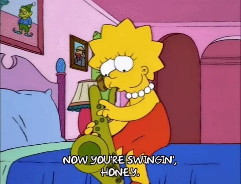 Lisa Simpson playing saxophone while her dad Homer says 