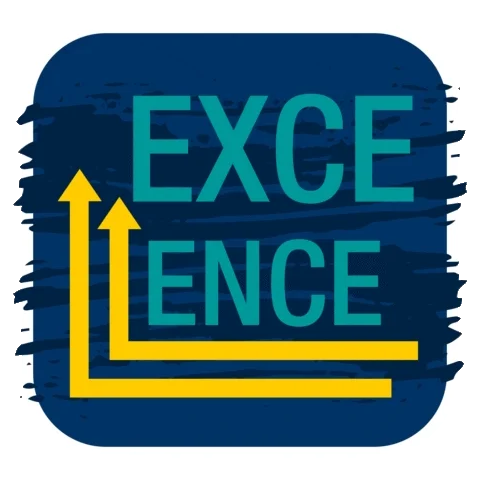 Flashing letters and arrows appear. The text reads 'Excellence' with two arrows going around the word.