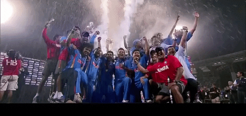 A group of cricket players celebrating a championship in front of a firework display