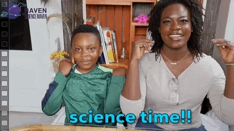 A young boy and adult woman snap their fingers and appear in lab coats. The text reads: 