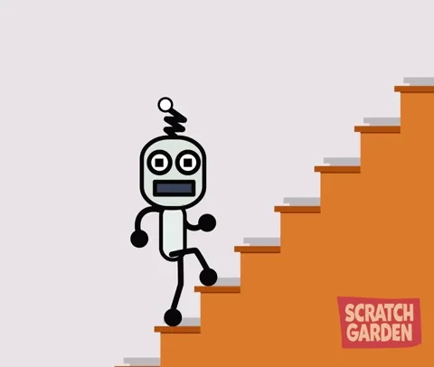 A stick figure climbing stairs, taking one step at a time.