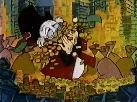 Scrooge McDuck in a vault, happily throwing gold coins in the air.