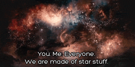 Neil Degrasse Tyson saying in front of a starry background. He says, 'You. Me. Everyone. We are made of star stuff.'