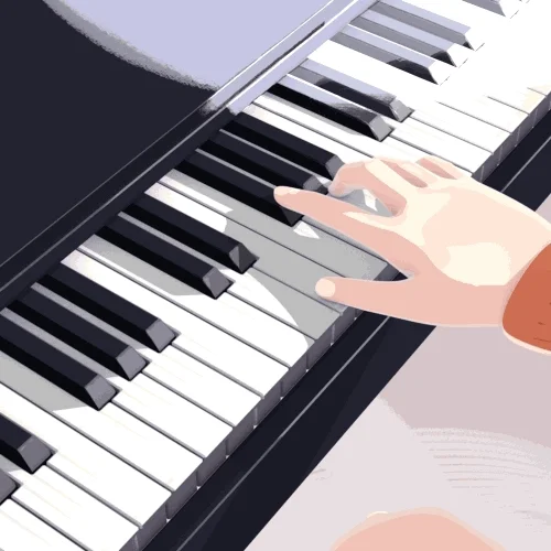 Hands pressing keys on a piano