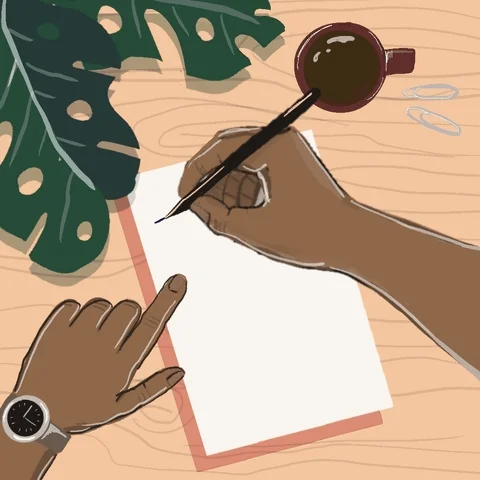 Animation: A hand writing with a pen, “First things first:”