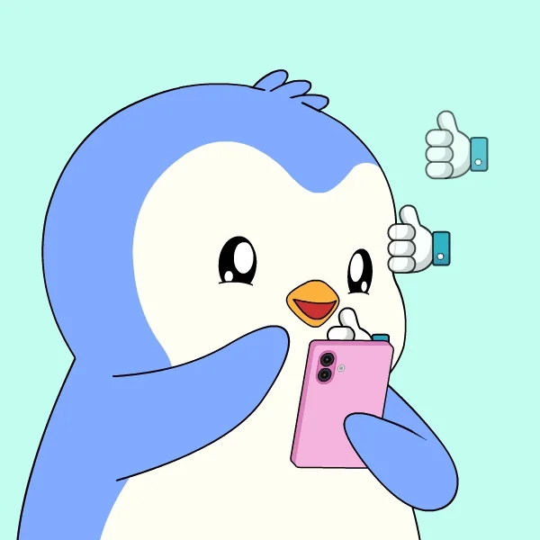 A cartoon penguin scrolls and likes posts rapidly on his phone