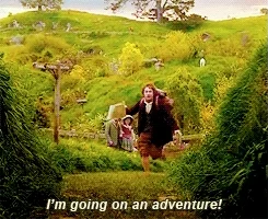 Scene from movie The Hobbit - Bilbo wearing a backpack running with excitement and saying I'm going on an adventure!