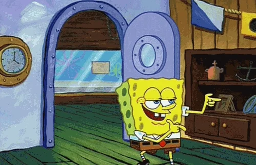 SpongeBob exiting a room while pointing finger guns. 