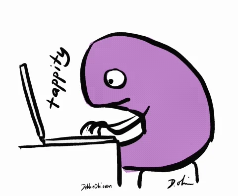 An animated purple figure typing on a laptop. 