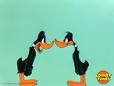 Daffy Duck from Looney Tunes arguing with himself.