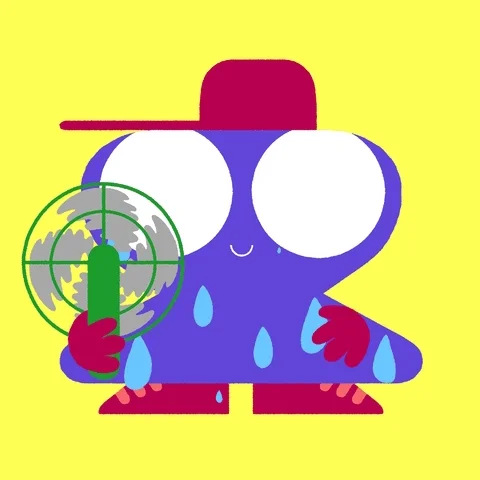 A colorful animated creature using an electric handheld fan while sweating.