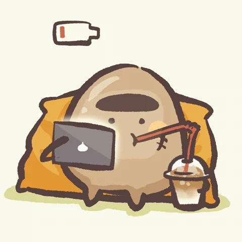 A cartoon potato lounging on a pillow, working on a laptop while sipping bubble tea, with a battery icon recharging above it.