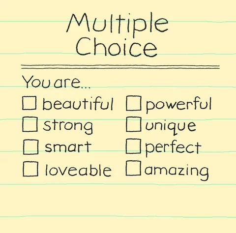 Multiple choice quiz asking people to check off positive adjectives to describe themselves.